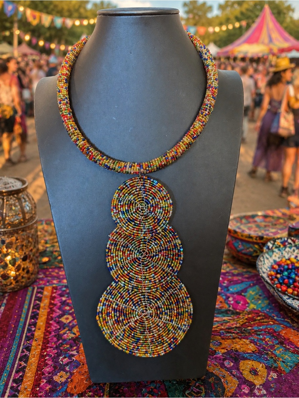 Vintage Hand Beaded Festival Statement Necklace Colorful Artisan Boho Jewelry